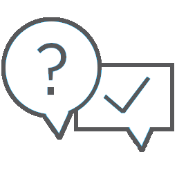 Sprechblasen mit Fragezeichen und Häkchen als Symbol für Hilfe und Support.